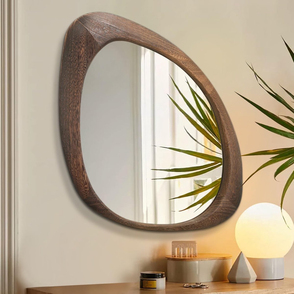 Omgoods- Wandspiegel Grote Formaat - Houten Lijst - Vintage Asymmetrisch - 60L x 40B cm - Duurzaam en Stevig - Kristalheldere Reflectie - Decoratiespiegel
