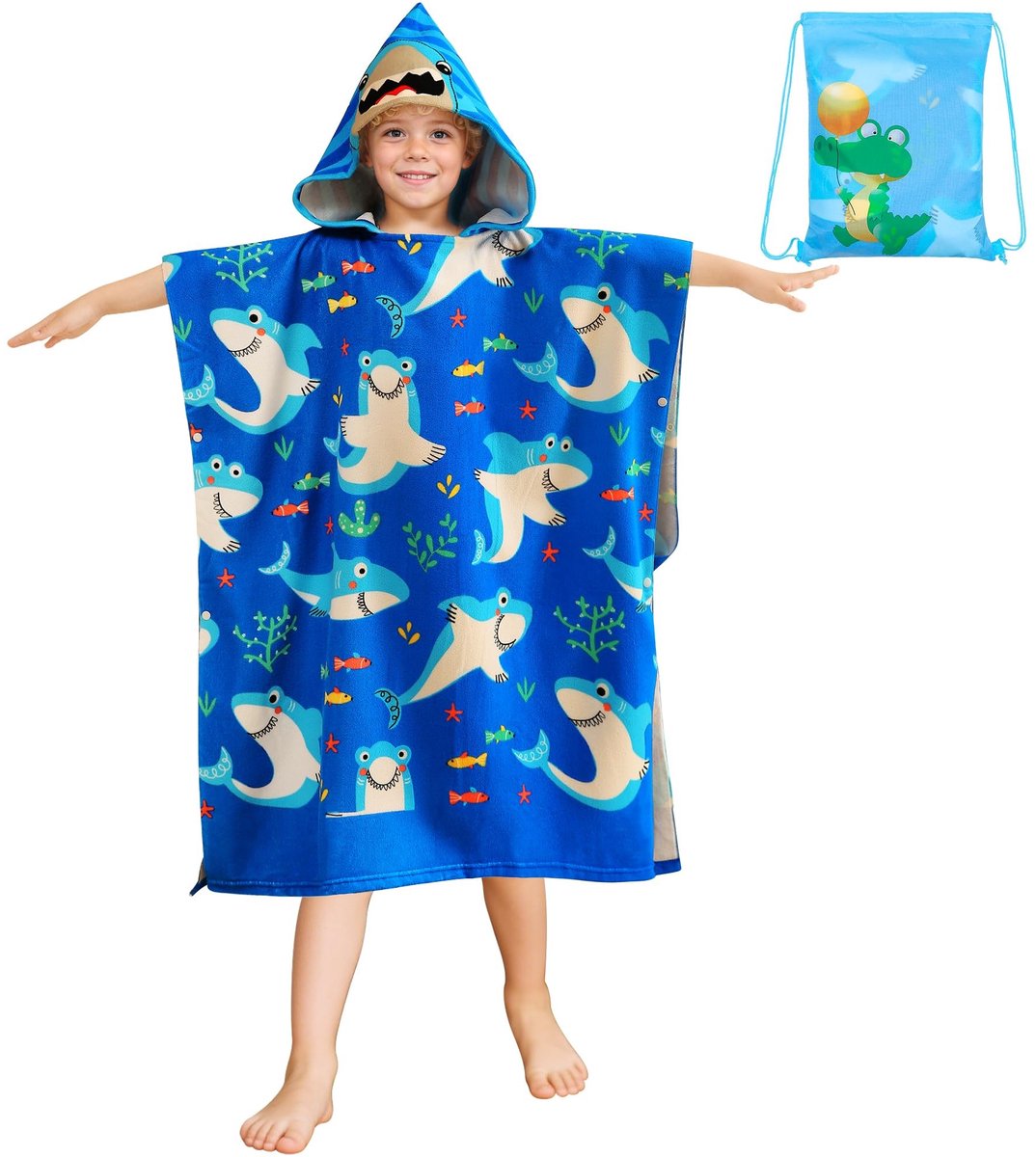 Omgoods - Kinderen Bad Poncho van Microvezel met Kap, Haai Motief