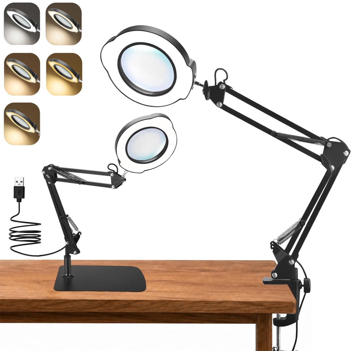 Omgoods - 15x Vergrootglas met Licht en 5 Kleuren, Multifunctionele Tafellamp