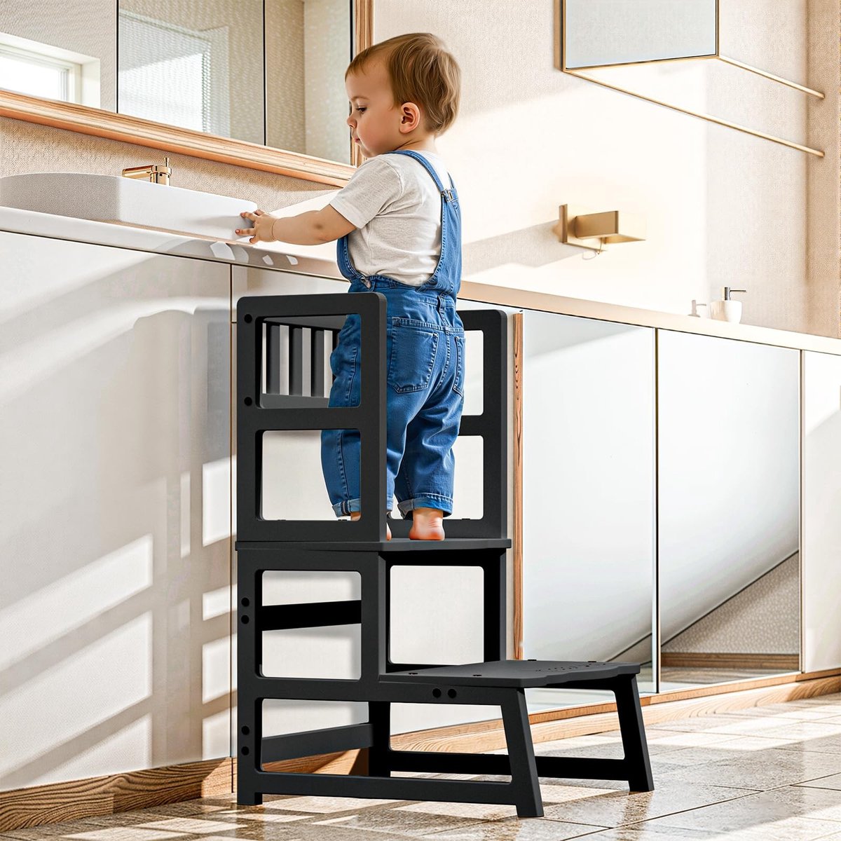 Omgoods - Step Stool voor Kinderen - Leerplatform met Handvat voor Keuken en Badkamer