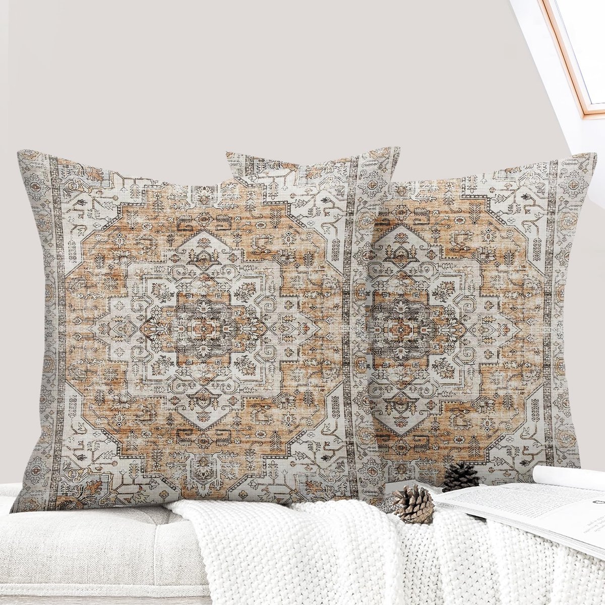 Omgoods - Set van 2 Boho Kussenhoezen 50 x 50 cm in Oranje/Wit