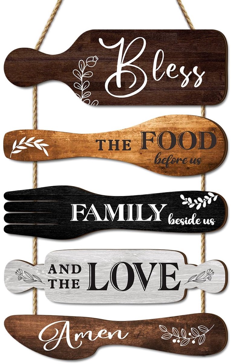 Omgoods - 5 Stuks Houten Keuken Wanddecoratie met Kookgerei Voor een Landelijke Sfeer