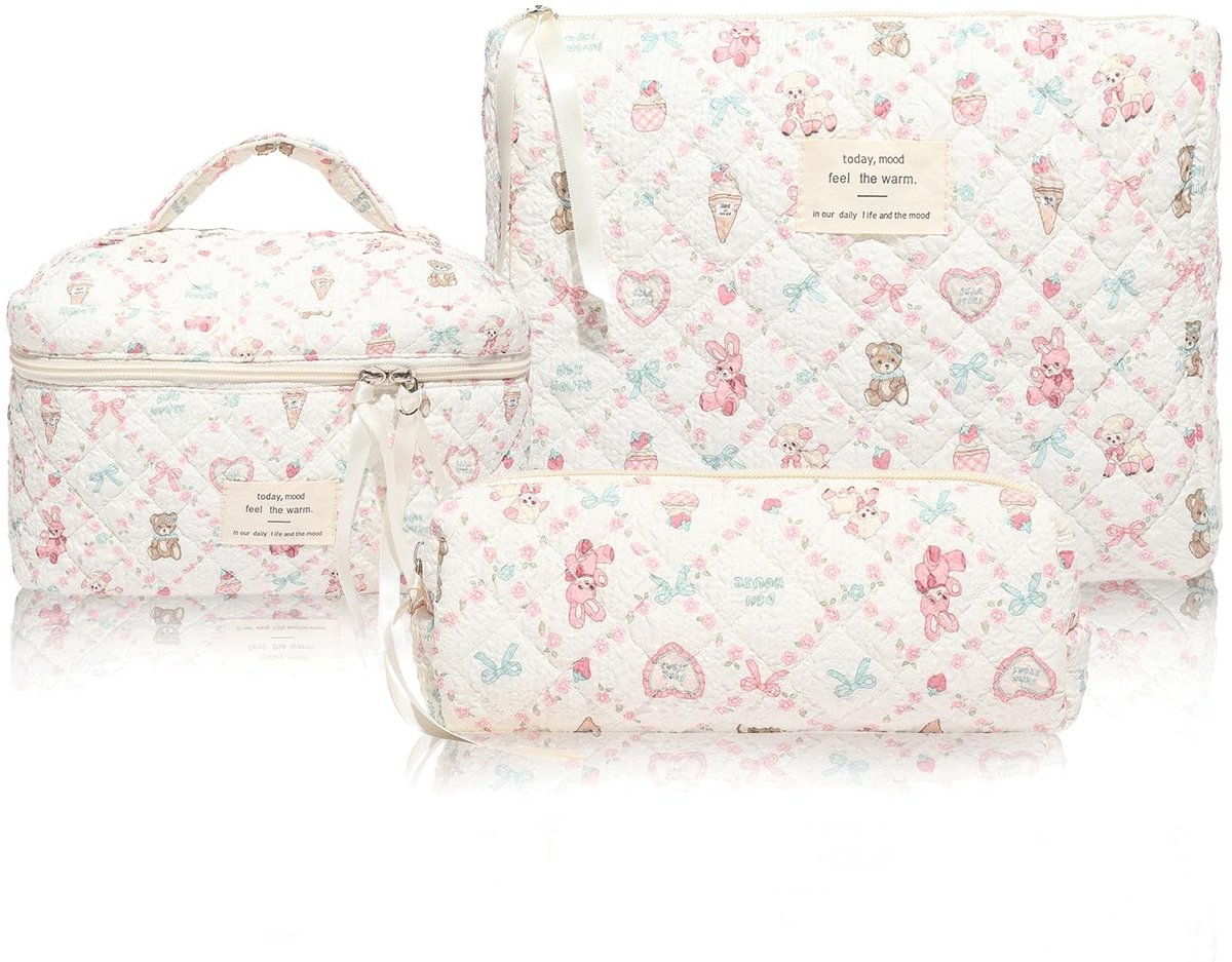 Omgoods - Multifunctionele Toilettas Set van 3 - Roze Bunny Bloem Motief