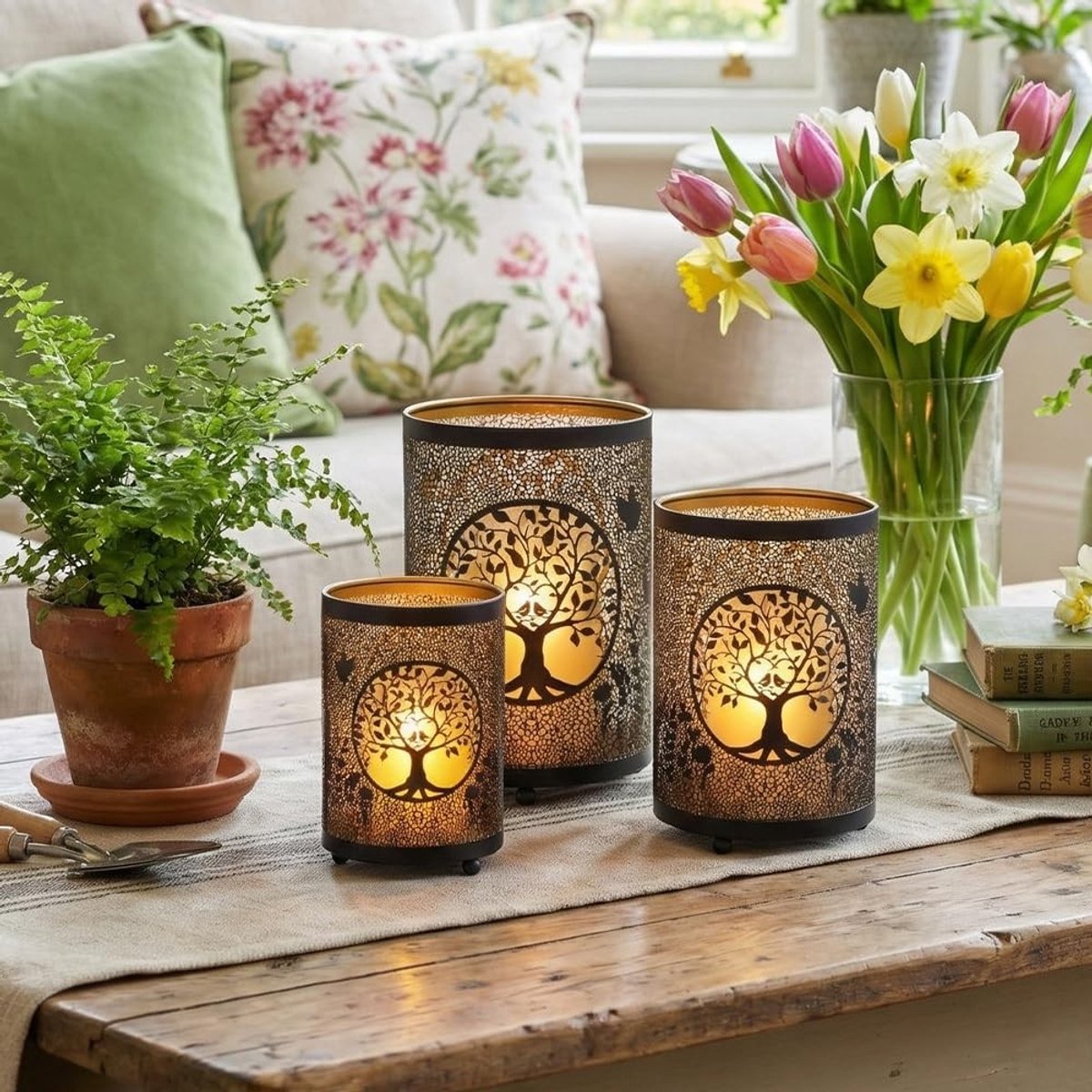 Omgoods - Set van 3 Decoratieve Levensboom Kaarsenlantaarns