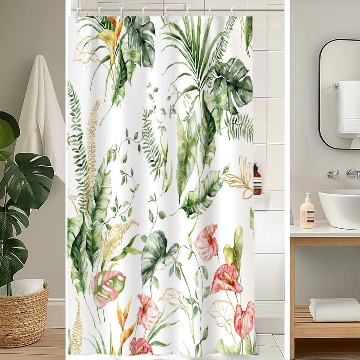 Omgoods - Douchegordijn Schimmelbestendig 120 x 180 cm - Tropisch Groen met Palmbladeren en Roze Bloem