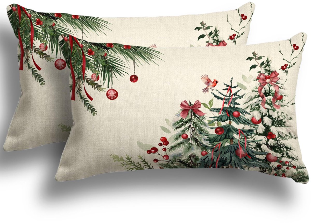 Omgoods - Kerstkussenslopen 30 x 50 cm - Set van 2 Decoratieve Linnen Kussens