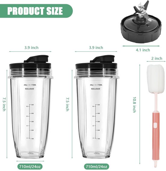 Omgoods- Blenderonderdelen Set - 2 x 710ml Kopjes - 2 Flip Top Deksels - 7-vin Mesassemblage - Compatibel met Nutri Ninja - Duurzaam materiaal - Blenderbekers — afbeelding 3