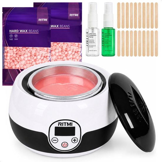 Wit waxapparaat met gesmolten roze wax, paarse zakken waxbonen en houten spatels.