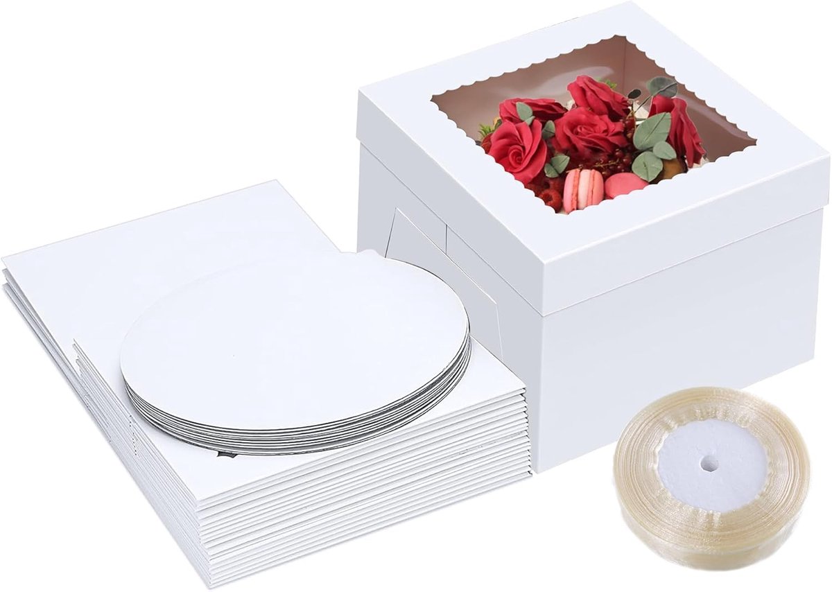 Omgoods - Set van 10 Taartdozen met Venster, Kartonnen Inzetstuk, 25,4 x 25,4 x 20,3 cm