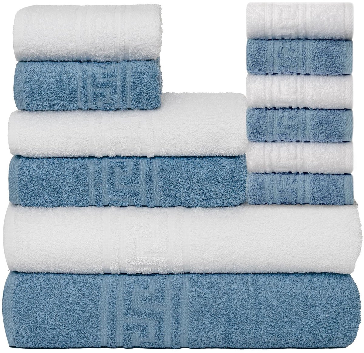 Omgoods - Handdoekenset 12-Delig - 100% Ringgesponnen Katoen - Extra Zacht & Absorberend - Wit/Blauw