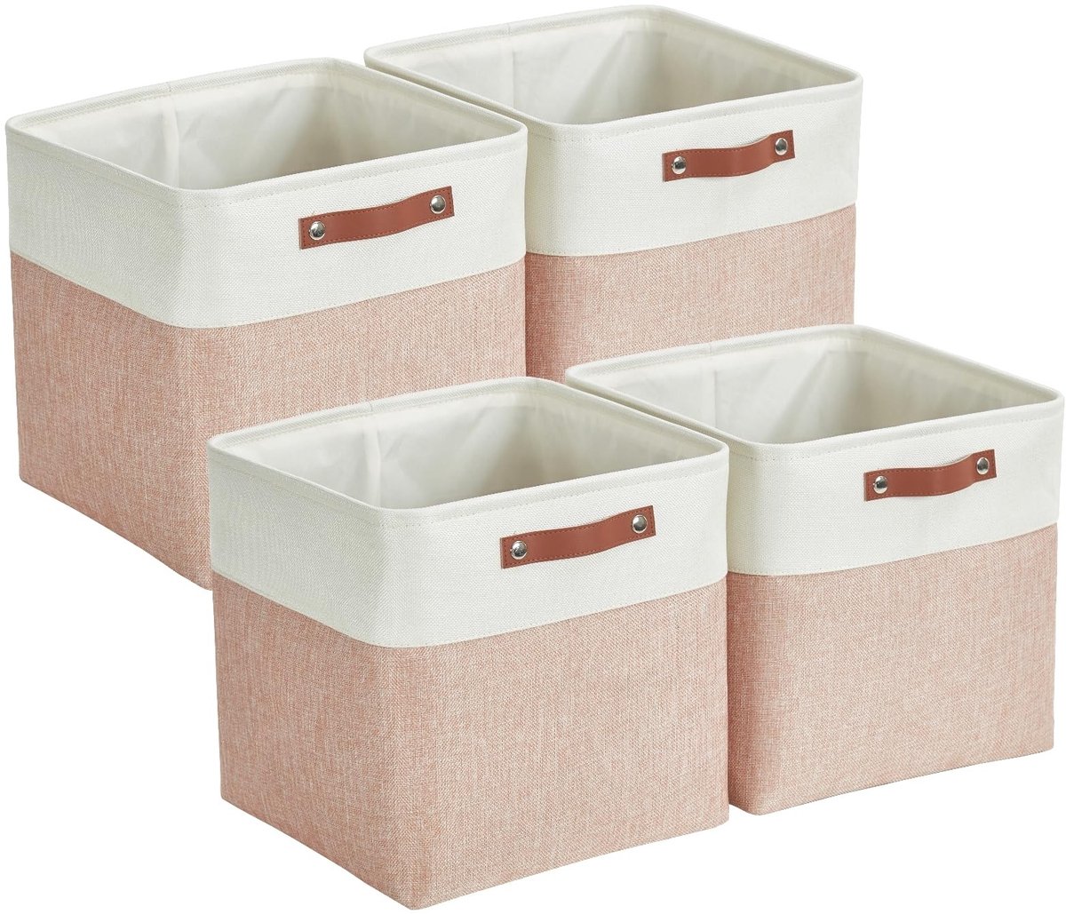 Omgoods - Vouwbare Opbergbakken Set van 4 - 28 cm Linnen met Leren Handvatten