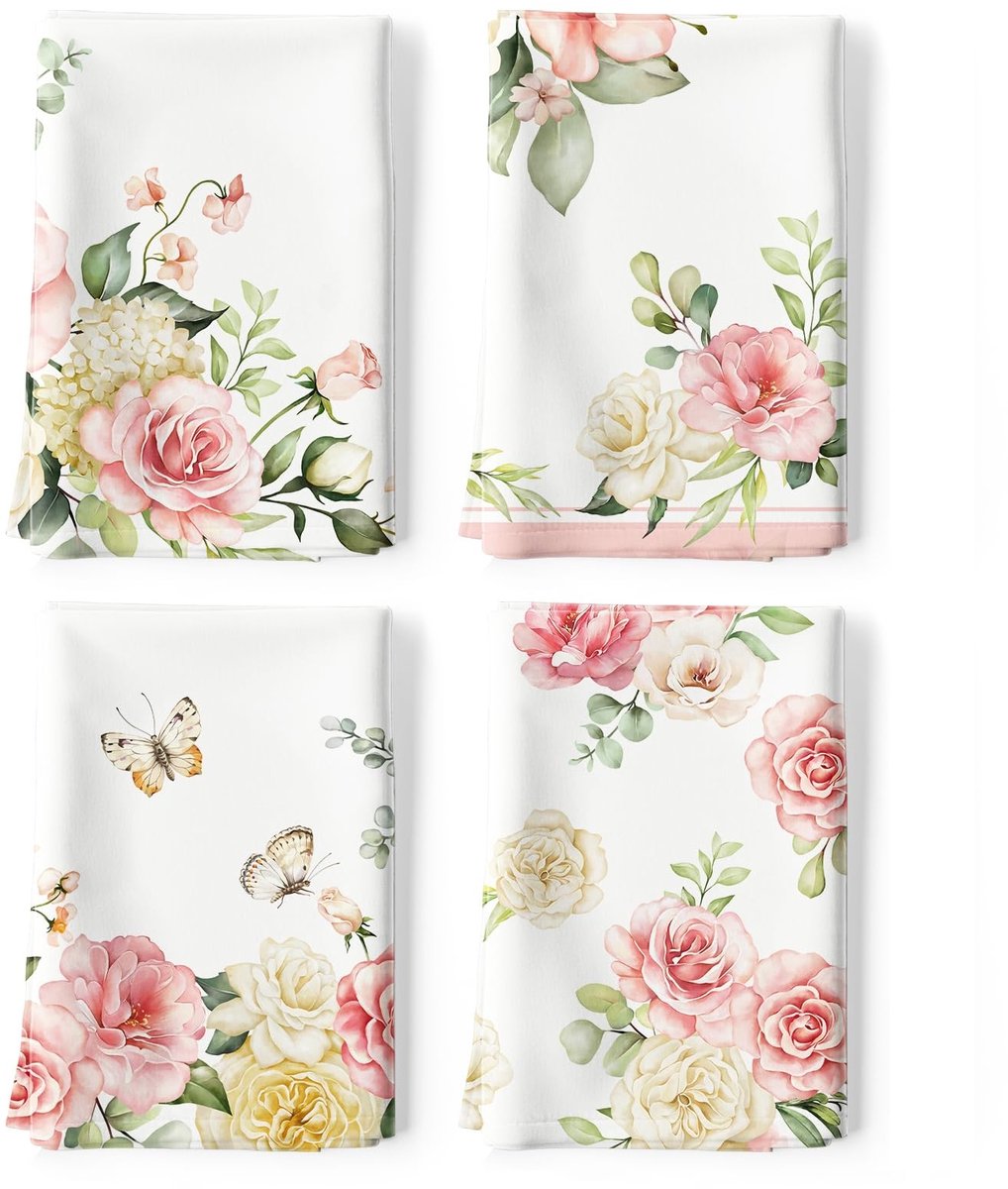 Omgoods - Set van 4 Keukenhanddoeken met Waterverf Bloemen