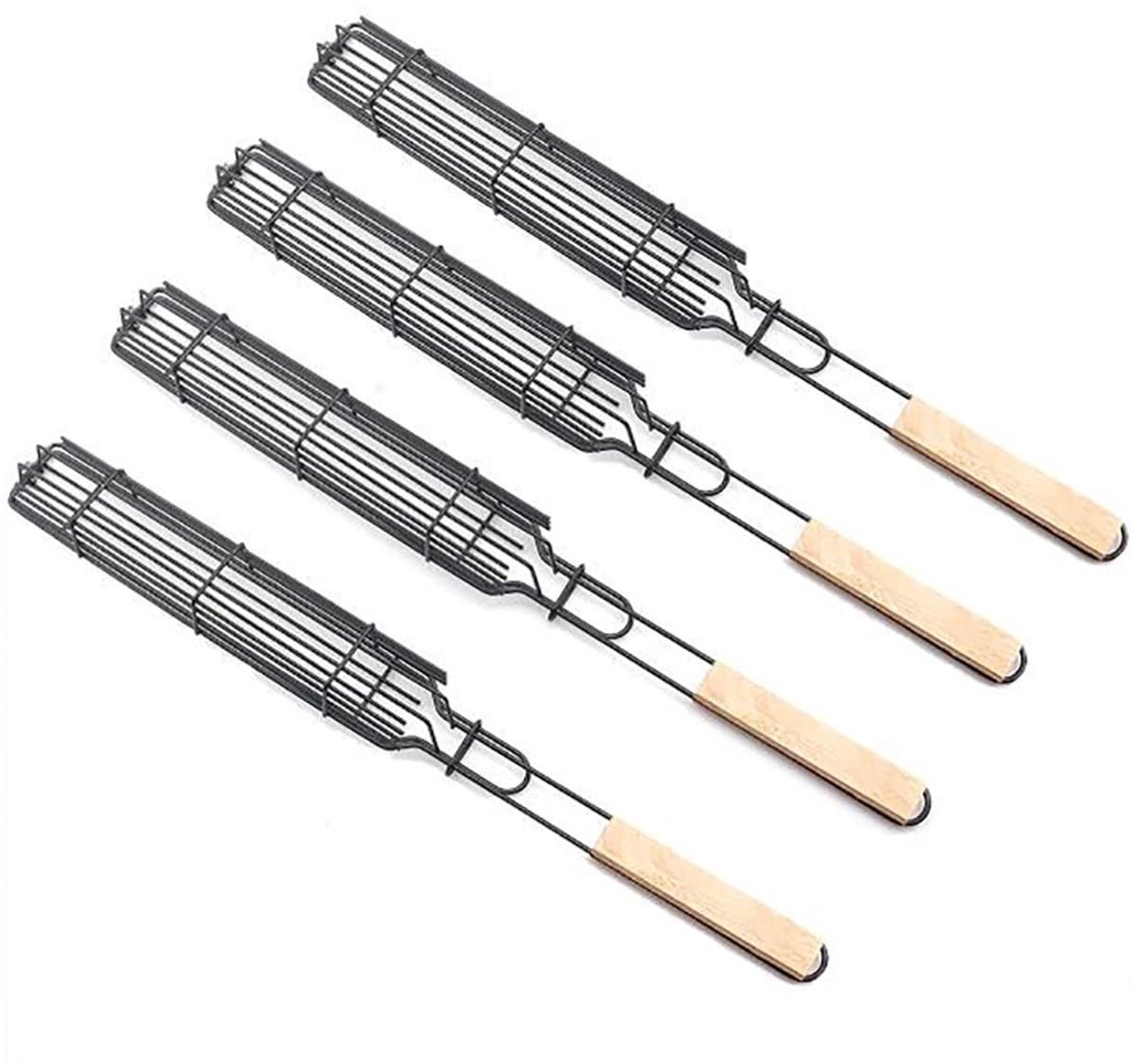 Omgoods - Set van 4 RVS Grillmanden voor BBQ met Houten Handvat