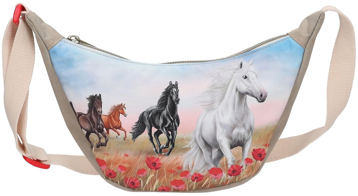 Omgoods - Schoudertas met Paardenmotief, Beige en Verstelbare Riem