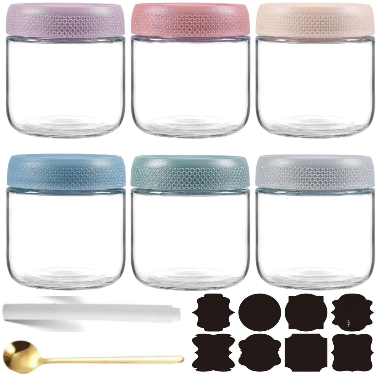 Omgoods - Set van 6 Glasbewaarpotten 300ml voor Ochtend Havermout