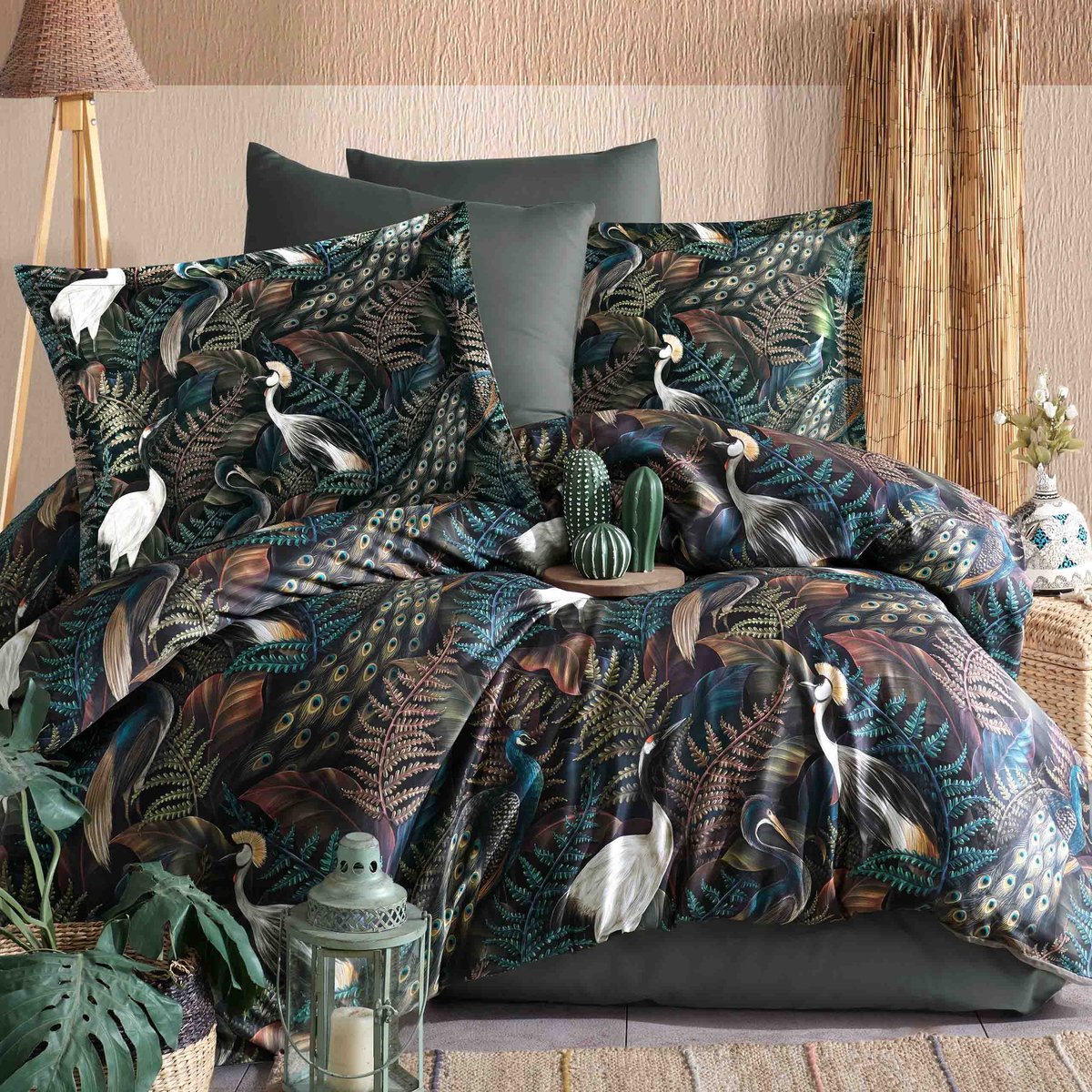 Dekbedovertrekset - 100% Katoen Satijn - 160x200 cm - Donkergroen Botanisch - Met Ritssluiting & Luxe Geschenkverpakking