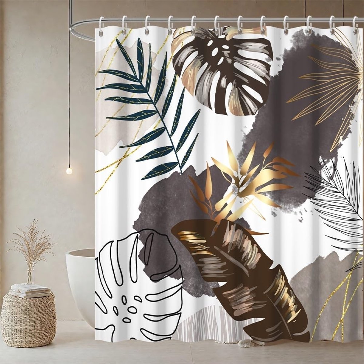 Omgoods - Douchegordijn 180 x 200 cm - Schimmelwerend, Boho-Stijl met Tropische Palmbladeren, Wasbaar en Waterdicht
