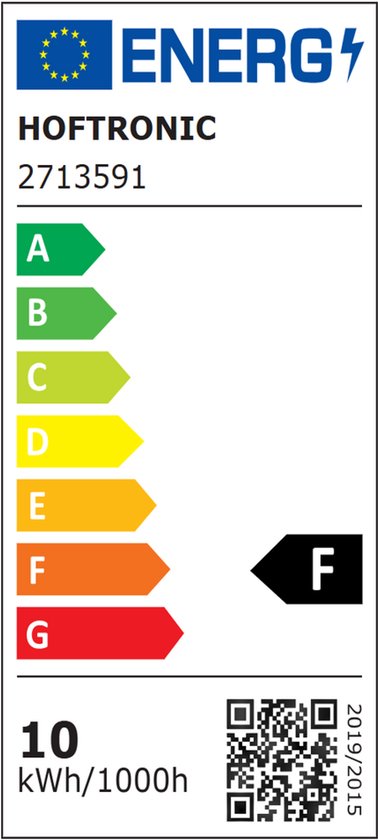 Energie-etiket voor HOFTRONIC, model 2713591, met energieklasse F en een verbruik van 10 kWh/1000h.