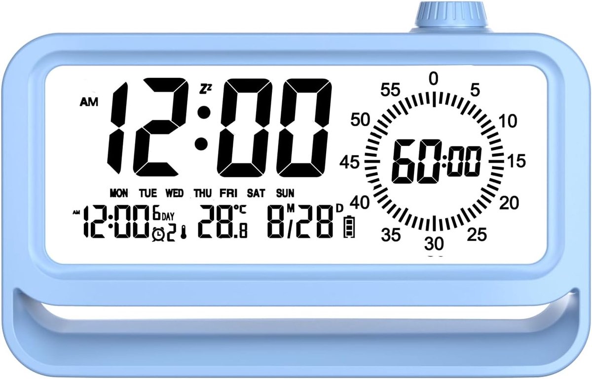 Digitale wekker met nachtlamp en visuele timer – LCD-scherm voor tijd- en temperatuurherinnering – ideaal voor onderwijs en tijdbeheer – cadeau voor kinderen (blauw).