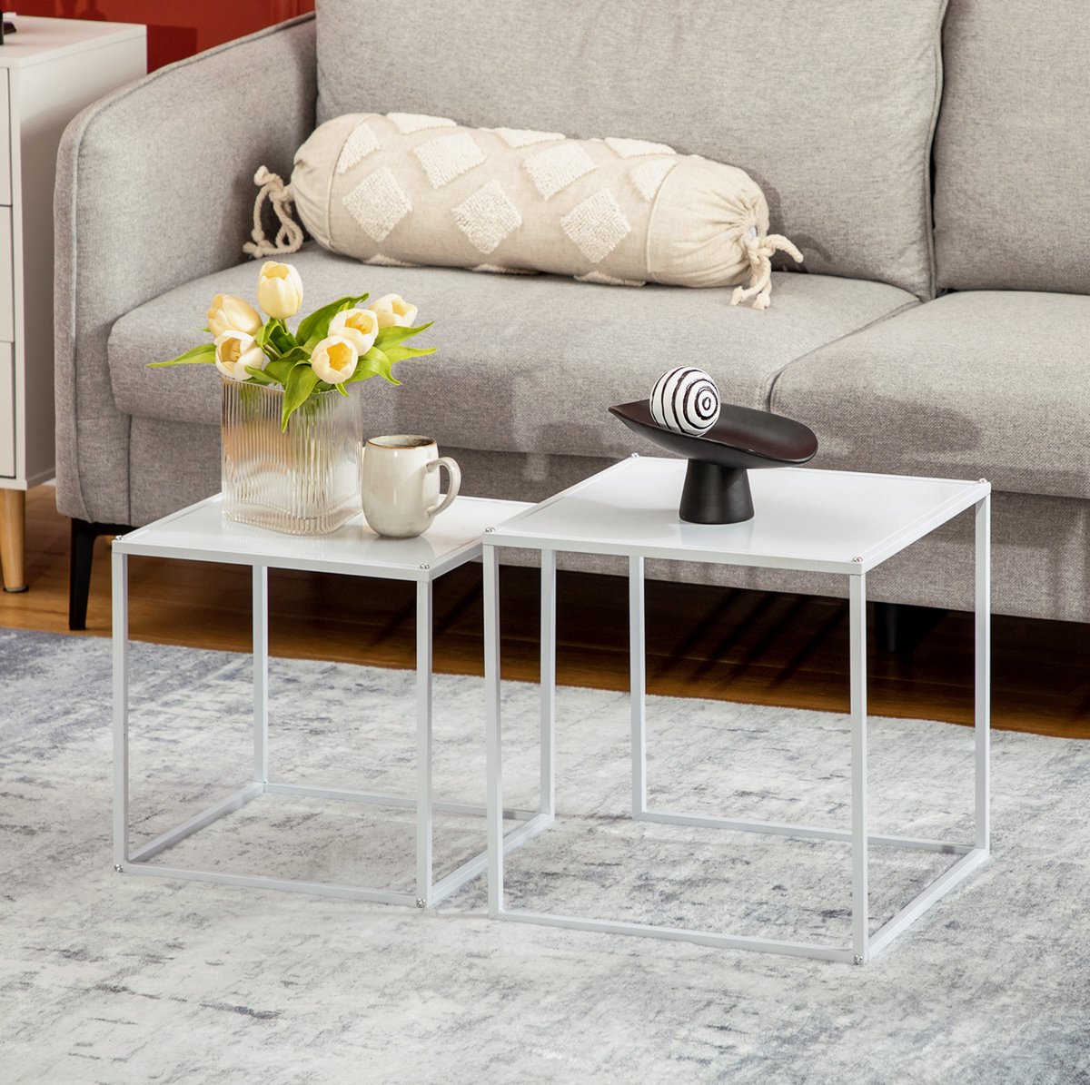 COVREO Salontafel set 40x40x40 cm wit, staal, set van 2 vierkant