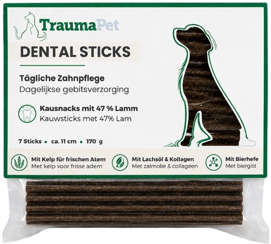 Verpakking TraumaPet Dental Sticks met 7 kauwsnacks, voor dagelijkse gebitsverzorging met lam.