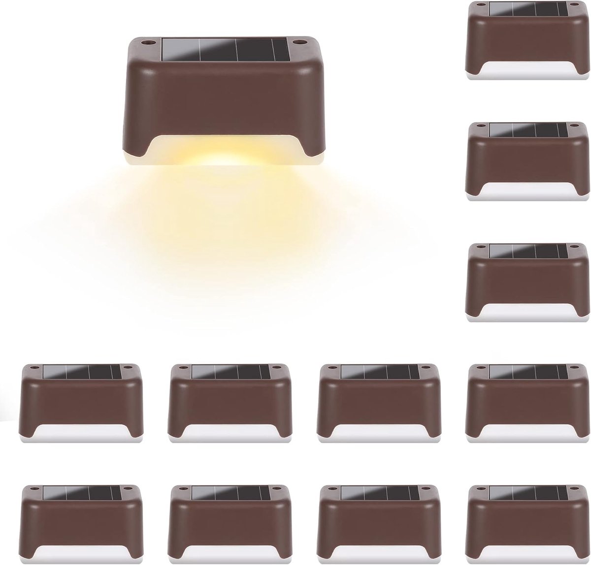 Omheiningsverlichting op zonne-energie, 12 stuks tuinverlichting op zonne-energie voor buiten, waterdicht voor buitentrappen, trappen, hek, tuin, terras, pad (bruin warm wit) [Energieklasse A]