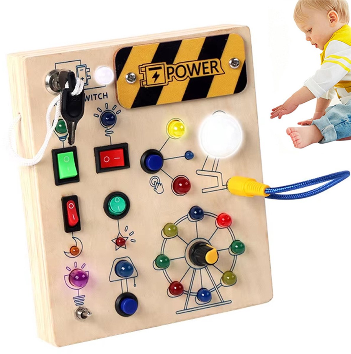 Busy Board voor peuters, houten activiteitenbord met LED-lichtschakelaar, Montessori-speelgoed voor kinderen, sensorisch educatief speelgoed voor onderweg, verjaardagscadeau voor jongens en meisjes