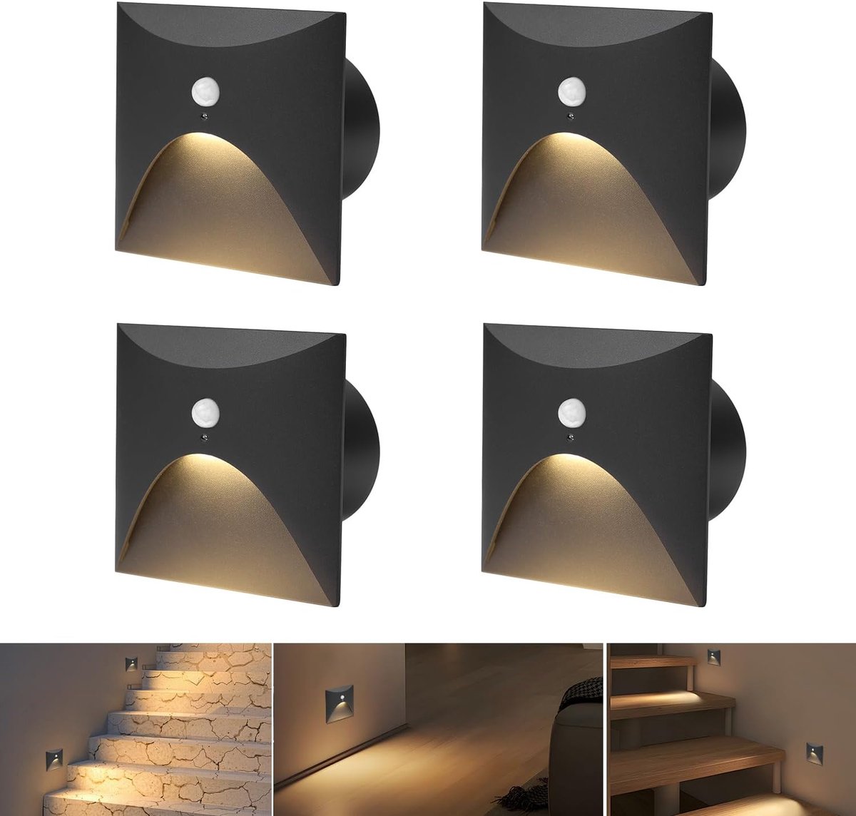 4 stuks 3 W led-trapverlichting met bewegingsmelder [niet voor 60 mm standaarddozen] warmwit aluminium inbouwspots 230 V vierkant wandinbouwlamp traplamp waterdicht binnen buiten zwart traplicht [Energieklasse E]