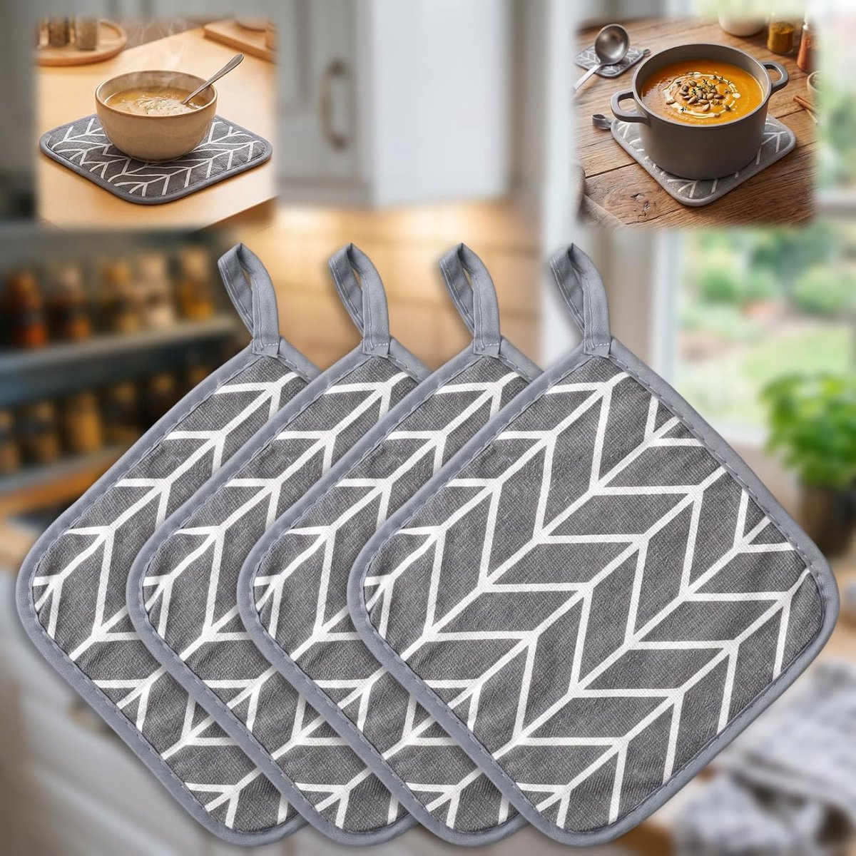 SnelShoppen - Pot Holders 4 Stuks Hittebestendige Pothouders 17x17 cm Katoen Keuken Grijs Voor Ovens En Kookgerei