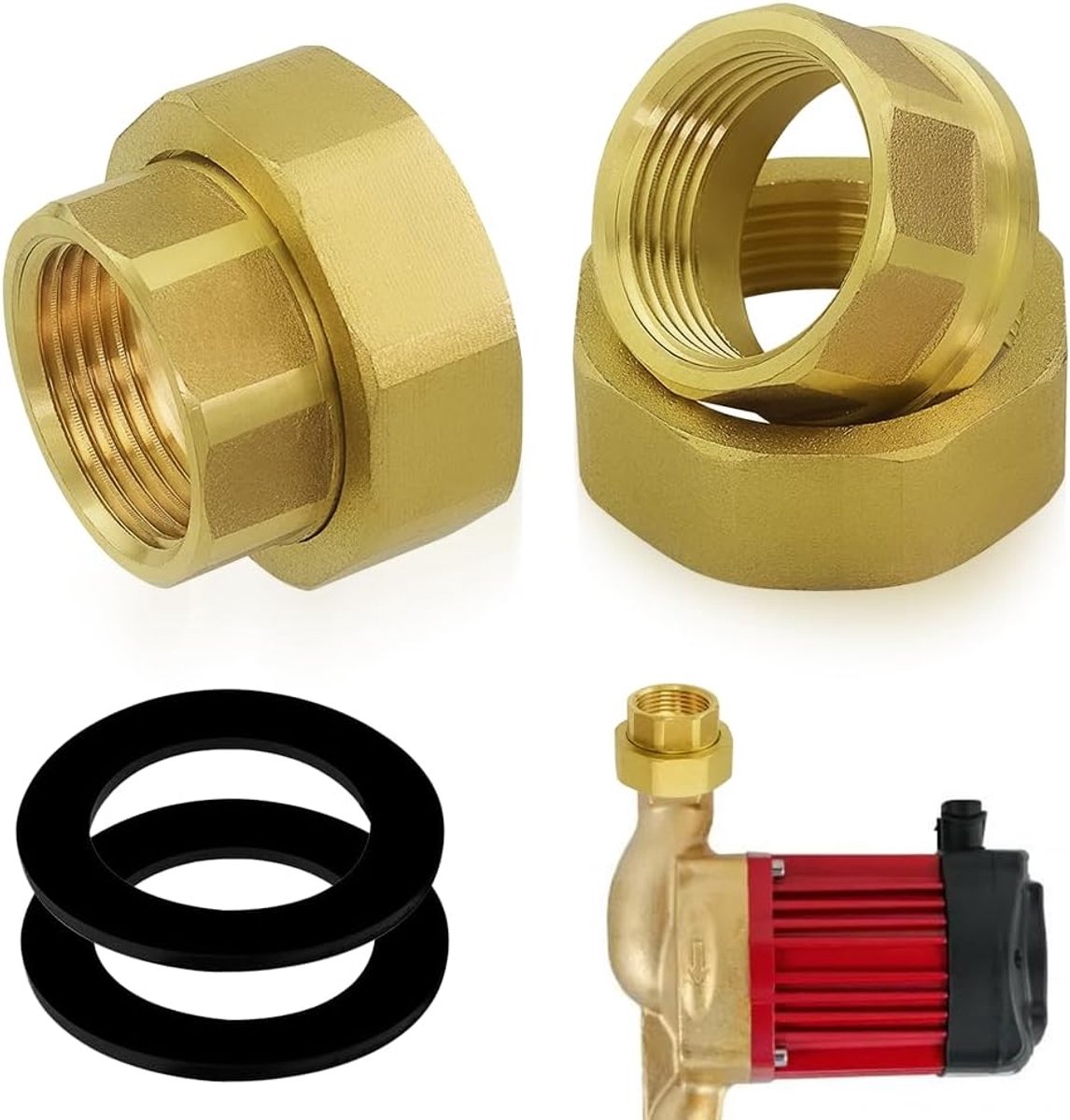 Pomp schroefverbinding 1 1/2 inch x 1 inch - Messing - Inclusief afdichtringen - Geschikt voor circulatiepomp - ShopVlot