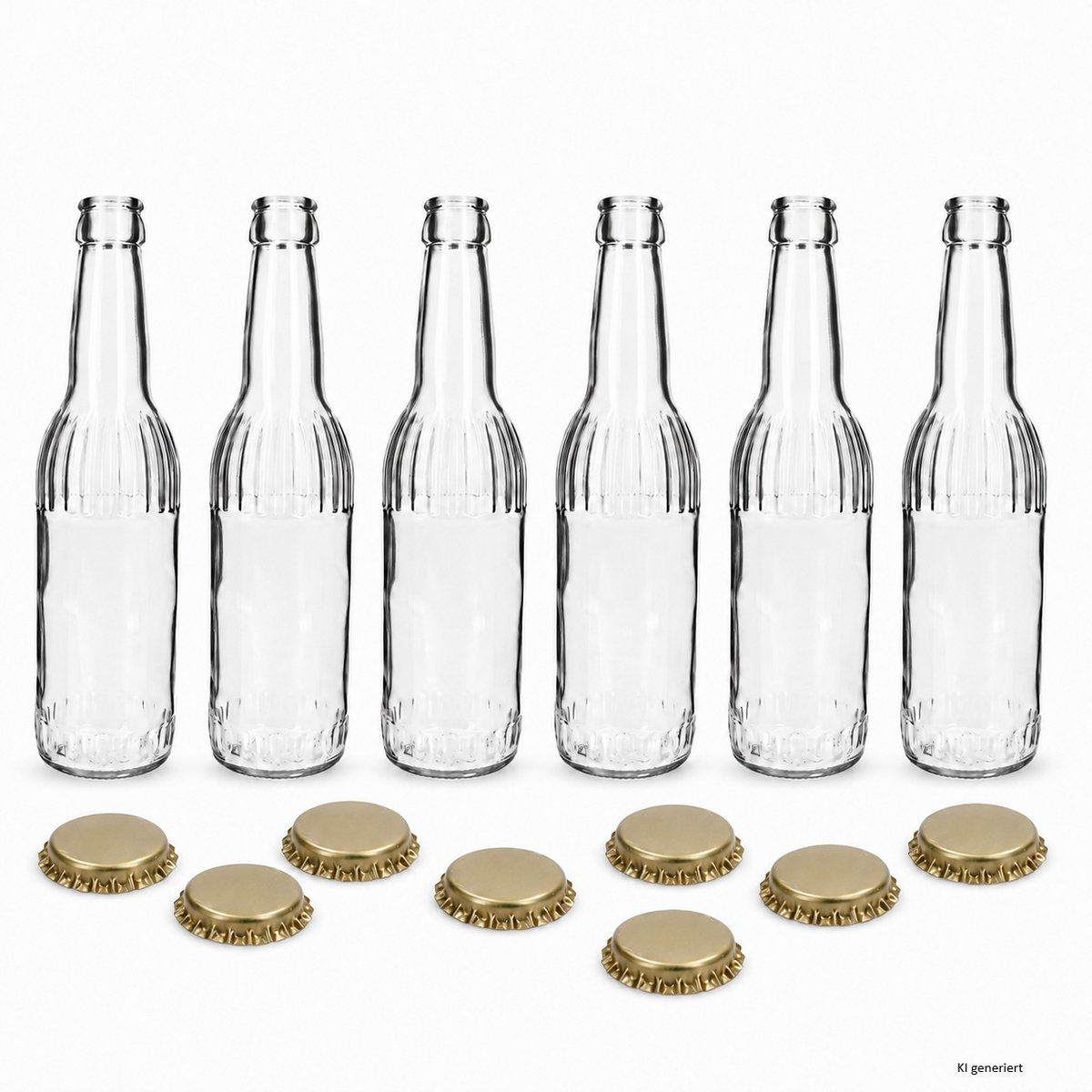 Set van 6 LINEA-flessen van 0,33 l, transparant, met 8 gouden kroonkurken – 6x 24915 & 8x 24064