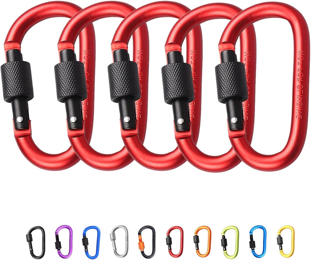 SnelShoppen - 5 Stuks Carabiner Clips - 7.8cm Rode Aluminium D-Ring Karabiners - Sleutelhanger Clip Haak voor Camping, Hiking, Reizen, Vissen