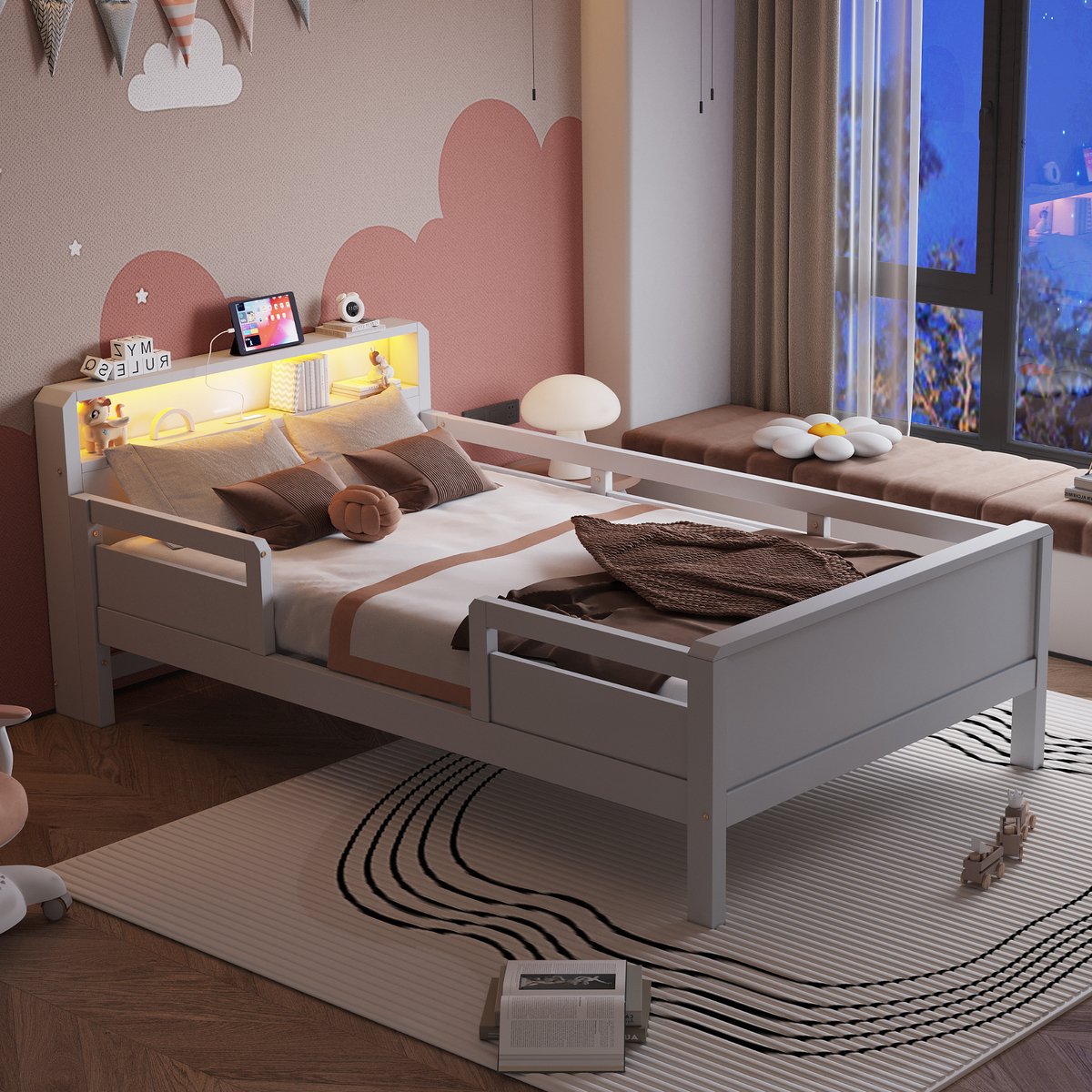 Kinderbed 90x200 cm - Eenpersoonsbed 90x200 cm - Houten bed - Opbergbed - Multifunctioneel bed - Met LED-lichtstrip en Multifunctionele oplaadpoort - Wit