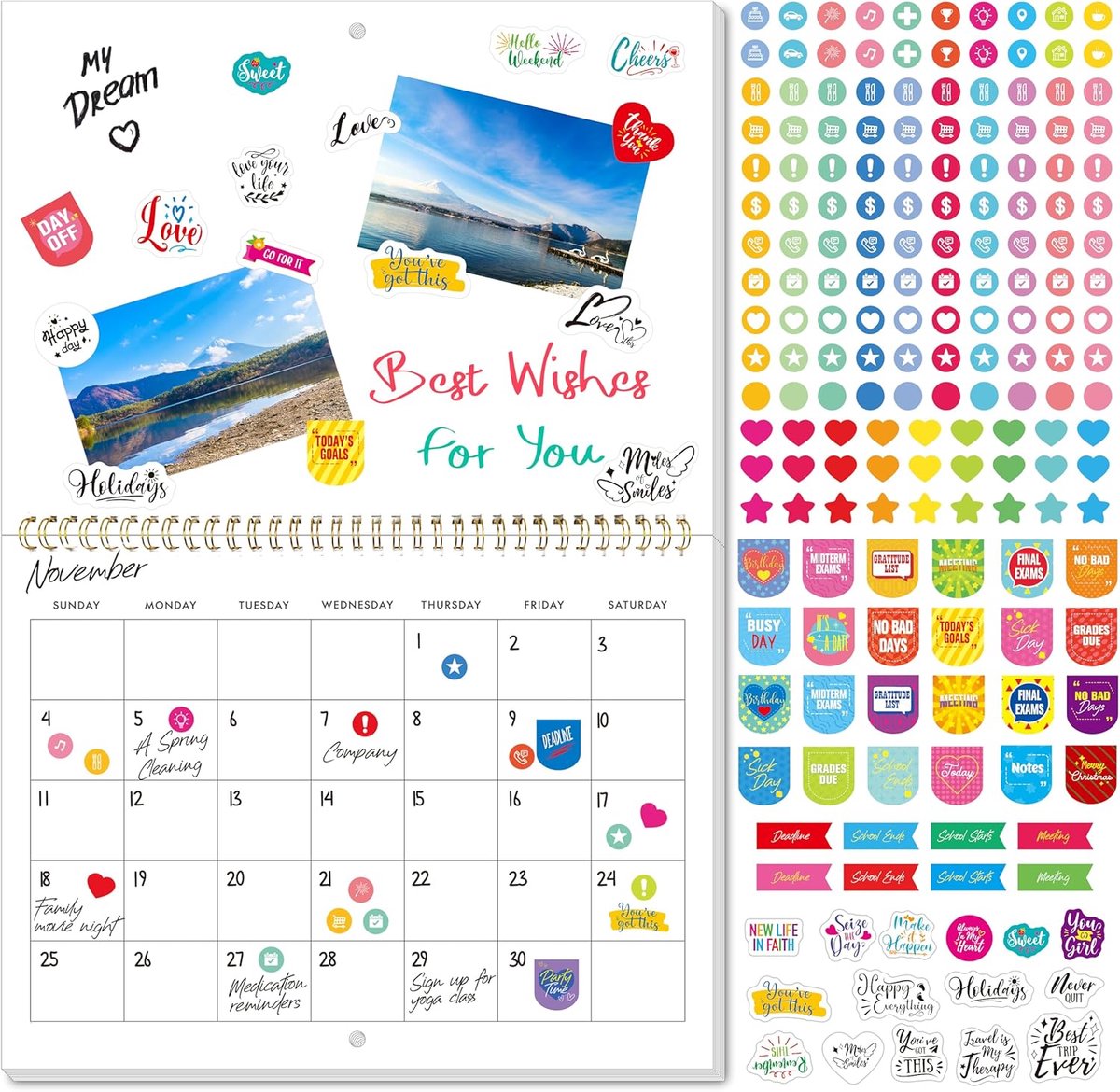 SnelShoppen - Blank Plakboek Wandkalender Spiraalgebonden Maandkalender 30x22,9 cm - Doe-Het-Zelf Kalender met 400 Stickers voor Kantoor, Thuis, Kinde