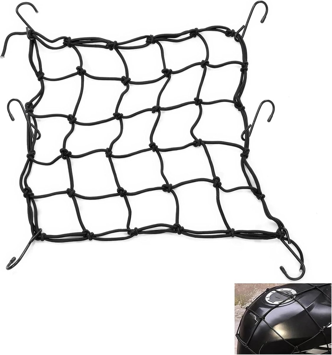 SnelShoppen - Elastisch Bagagenet 30 x 30 cm, Zwart, Geschikt voor Motorfiets, Boot, Snowmobile, MTB, Duurzaam, Weerbestendig, Met dubbele haak