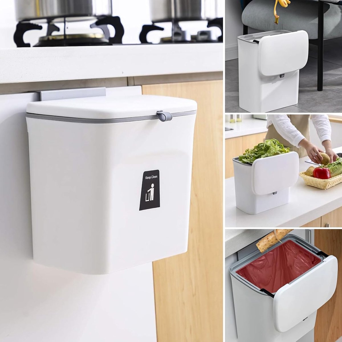 SnelShoppen - Afvalbak Keuken 7 Liter Wit, Kleine Hangende Prullenbak met Deksel, GFT-Bak voor Badkamer, Keuken Hoek, Kastdeur, Compact en Praktisch