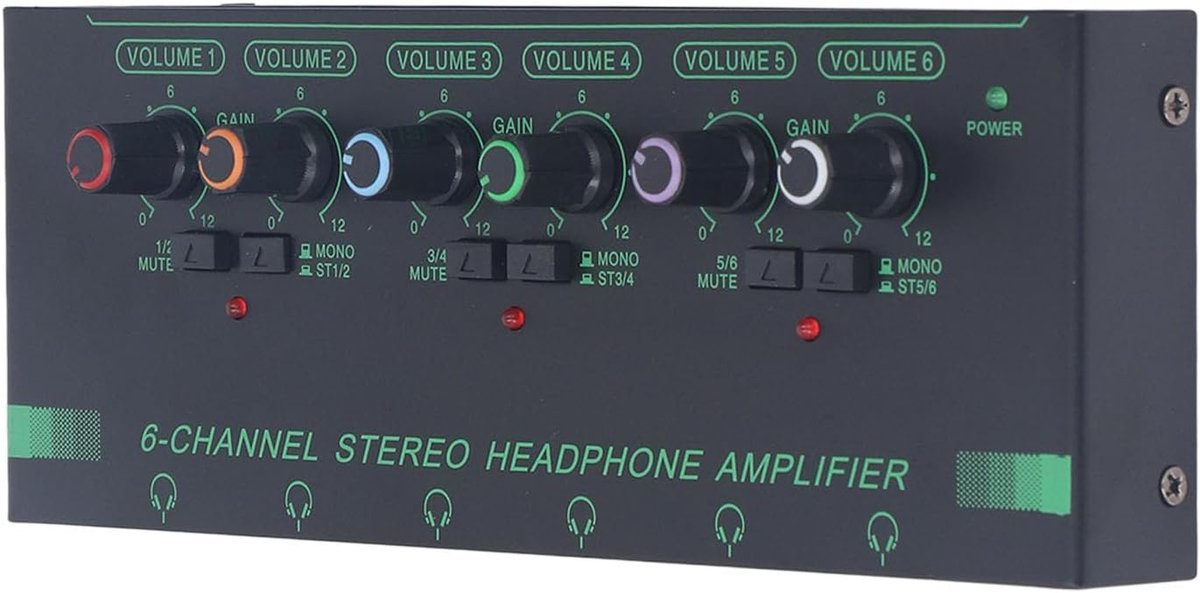 SnelShoppen - 6 Kanaals Hoofdtelefoon Splitter, Stereo Hoofdtelefoon Versterker, 12 3.5Mm en 6.35Mm Aansluitingen, Type C Voeding, Ideaal voor Live Op