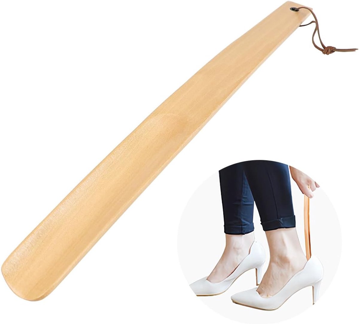 SnelShoppen - Houten Schoenlepel Lange Schoenlepel met Houten Handvat, Beuken Schoenlepel met Hangend Touw, Compacte Aantrekhulp voor Mannen, Vrouwen,