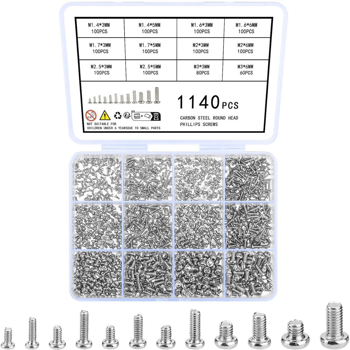 SnelShoppen - 1140 Stuks Micro Schroeven voor Brillen, Mini Schroeven Set, Cylinderkop, Rondkop, Hoogwaardige Staal, M1.4, M1.6, M1.7, M2, Reparatie K