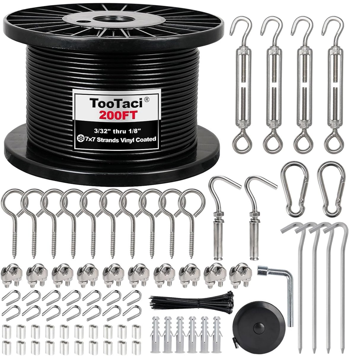TooTaci 3mm Wire Rope Kit, 60m Black Vinyl Coated Stainless Steel Wire Rope, 7 x 7 Strands Core, M5 Tension Claws for - ShopVlot