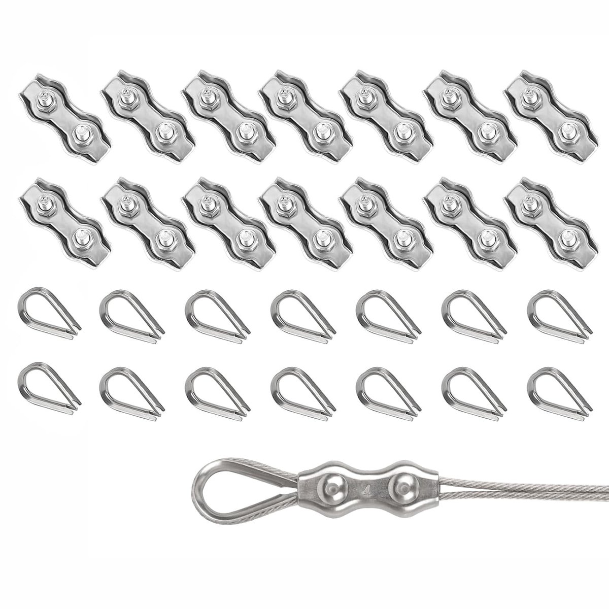 SnelShoppen - Pack van 14 Duplex M3 Klemmen en Metalen Ringen, 304 RVS Kabelklem voor Draad van 3 mm, Tuin, Kabel, Patio en Zonnescherm