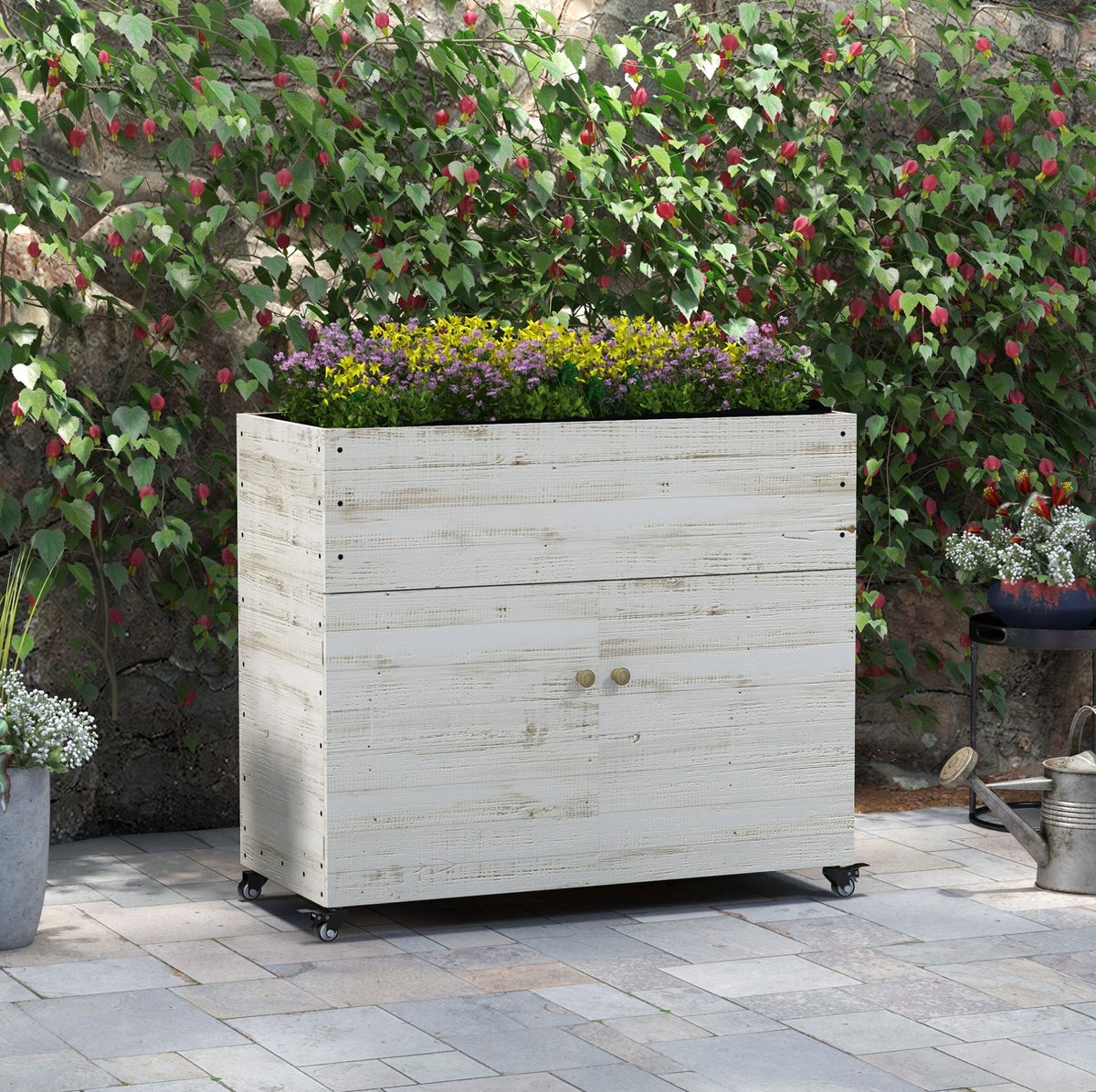 COVREO Plantenbak 110x50x95 cm wit, hout met opbergkast en wielen