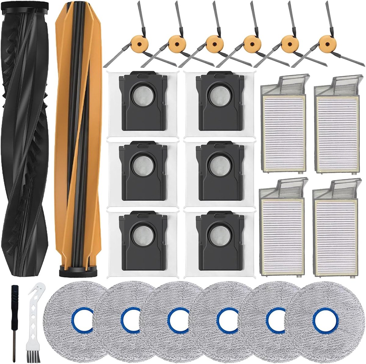 26 stuks - geschikt voor dreame robotstofzuiger -geschikt voor dremel X60 Max Ultra robotstofzuiger - inclusief 2 hoofdrolborstels - 6 dweilpads - 6 stofzakken - 6 zijborstels - 4 HEPA-filter - 2 reinigingsgereedschap