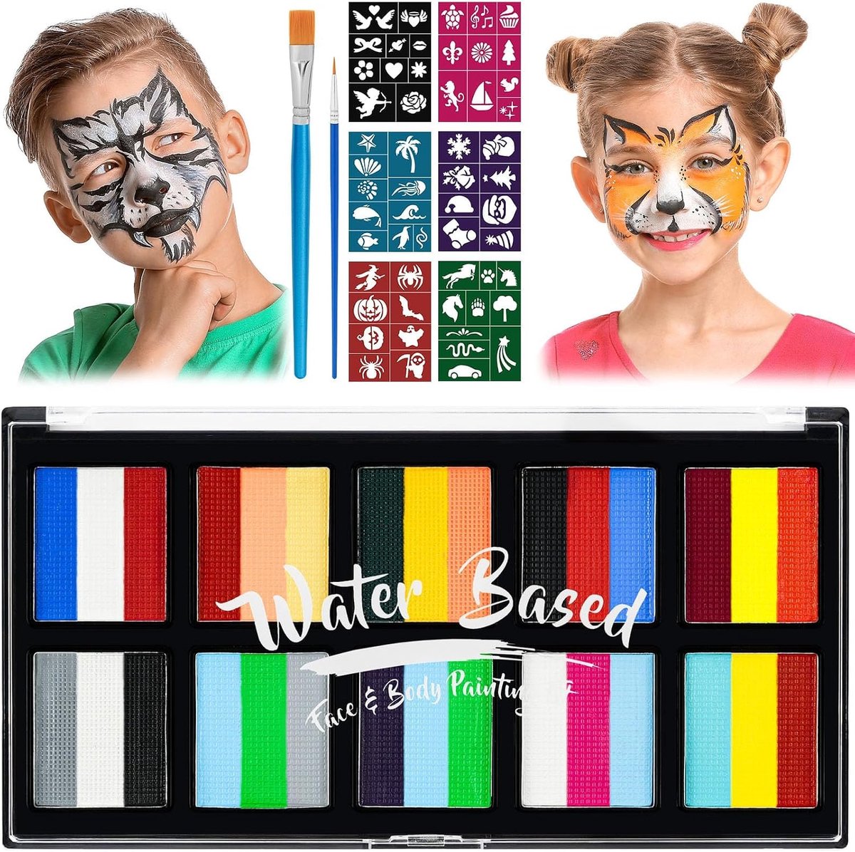SnelShoppen - Aomig Face Paint Kit 24 Kleuren Schminkpalet met 40 Sjablonen - Wasbare, Veilige en Hypoallergene Gezichts- en Lichaamsverf voor Kindere