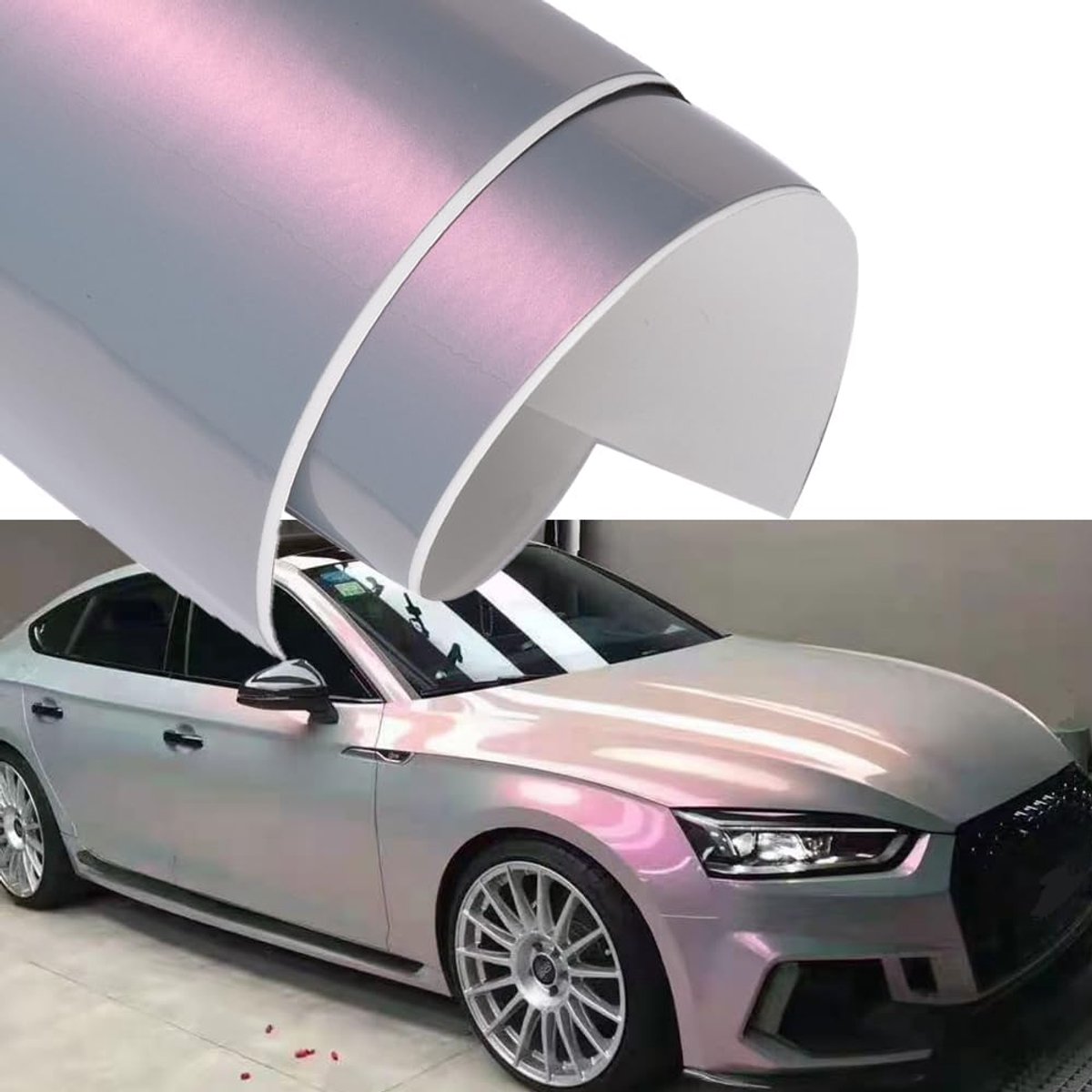 SnelShoppen - Chameleon Effect Car Wrapping Film 75 x 152 cm, Metallic Auto Folie in Glanzend Roze en Grijs, Zelfklevende en Waterdichte Autofilm voor