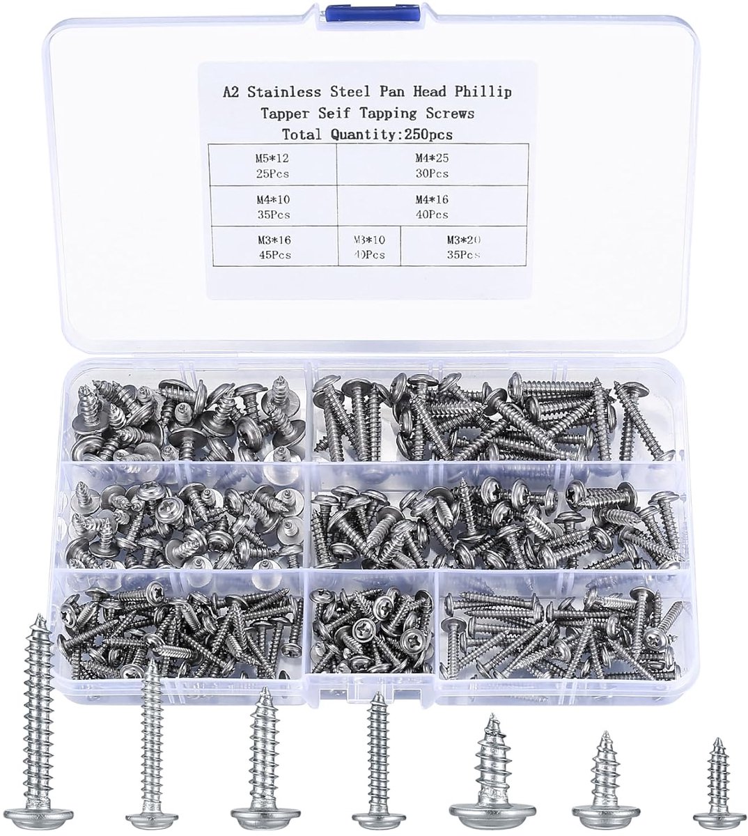 SnelShoppen - Zelfborende Schroeven Set 250st, RVS, M3-M5, Rondkop & Kruiskop, Geschikt voor Hout, Metaal & Plastic - Ideaal voor DIY & Reparatie