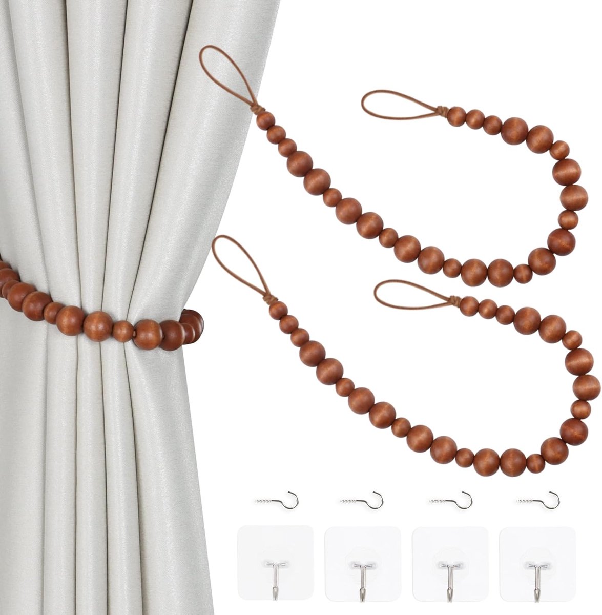 SnelShoppen - 2 Stuks Houten Kralen Boho Gordijn Klemmen & Haakjes - Verstelbare Wandhaakjes Zonder Schade voor Slaapkamer, Kinderkamer en Boho Huisde