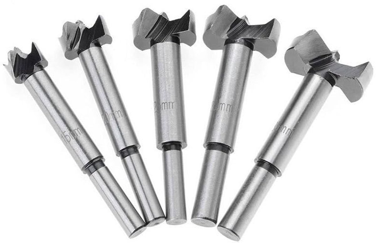 SnelShoppen - Forstner Boor Set 5 Stuks, 15-35 mm, Hoogwaardige Staal Platte Boor Set, Zeskantige Schacht, Extra Lange Houtbewerking, Boorzaag, Houtbe