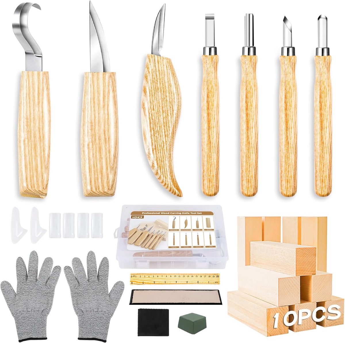 SnelShoppen - 23-in-1 Houtsnijset met 7 Houtsnijmessen, Hout Gereedschap voor Beginners en Professionals, Snijbestendige Handschoenen en Slijpsteen (H