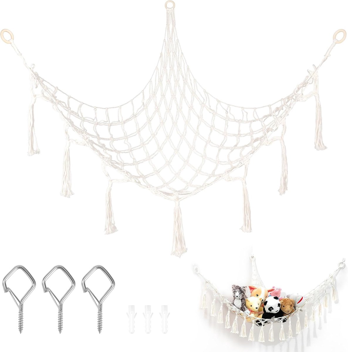 Plush Animal Hammock, Net Hammocks, Storage Basket for Plush Toy for Children's Room with Hooks, 150 x 110 x 110 cm - ShopVlot
